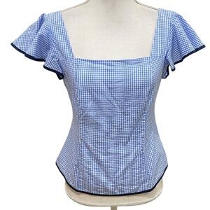 Sail to Sable gingham blue/white check cotton smocked back top square neck small